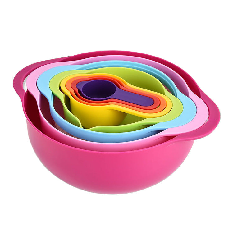 NNEDSZ Pink 8-Piece Baking Tool Set - Measuring Cups, Spoons, Rainbow Mixing Bowls, Vegetable Washing Basket, and Flour Sifter