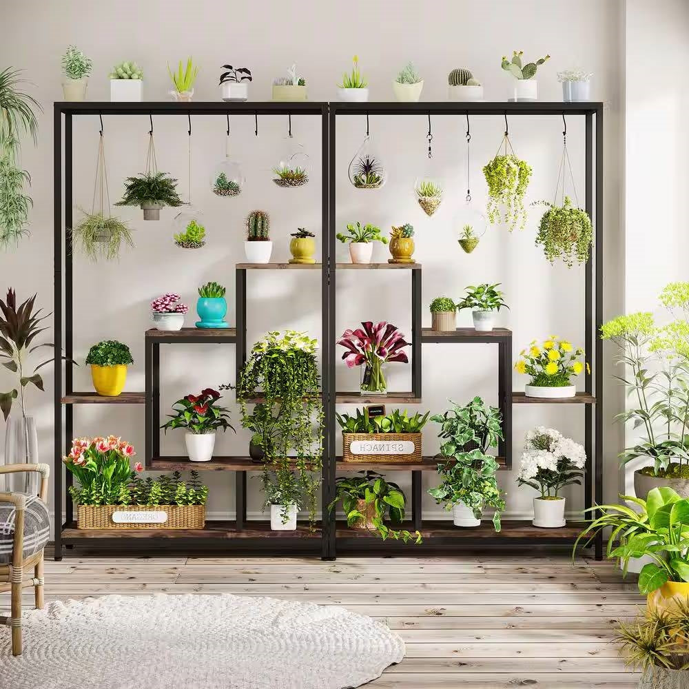 Modern Industrial Heavy Duty Metal Wood Plant Stand with 10 Hanging Hooks