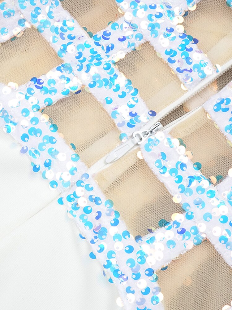 White Sequin Off-Shoulder Evening Gown For Women, Slim Fit, Midtown, BYMANYC New York.-3