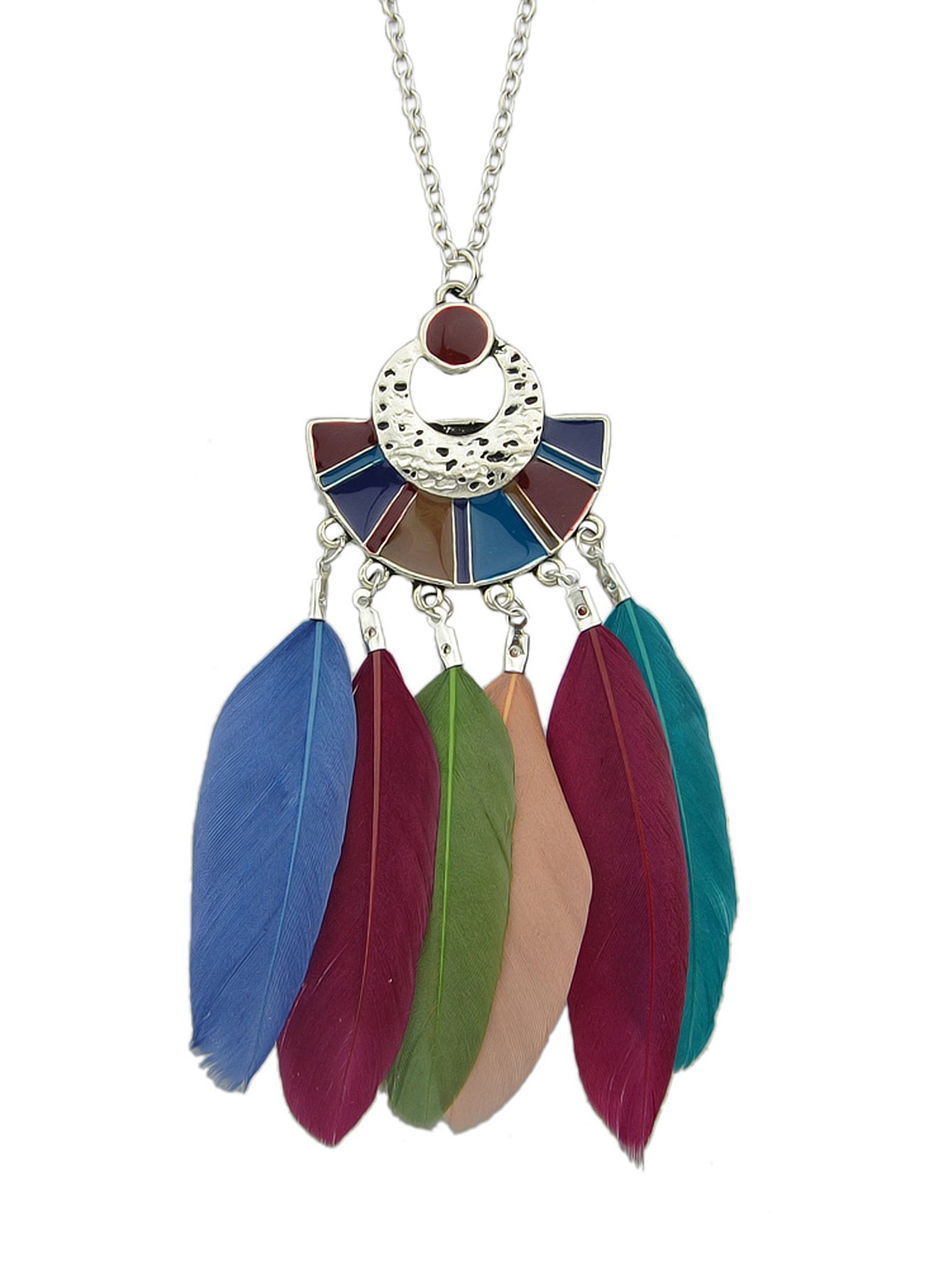 Ethnic Bohemian Traditional Jewellery Silver Long Chain Feather Shape Necklace