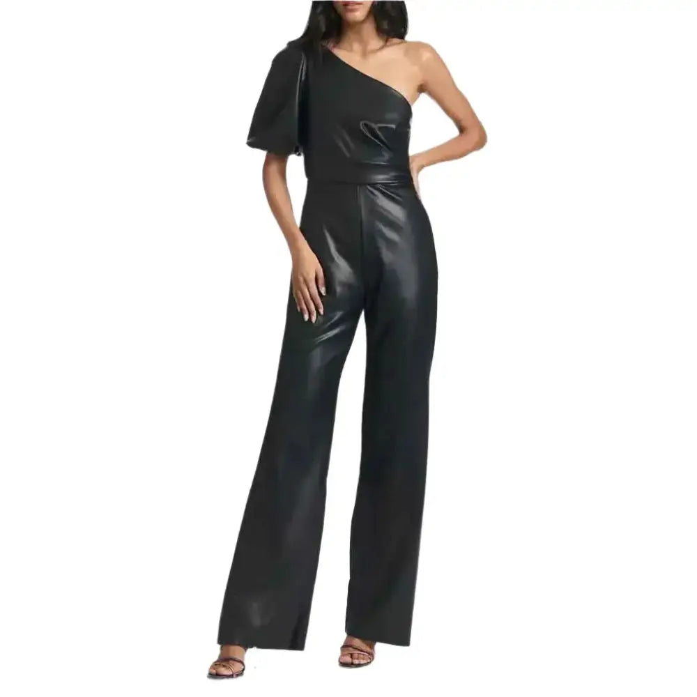Women’s Black One-Shoulder Flared Leather Jumpsuit-0
