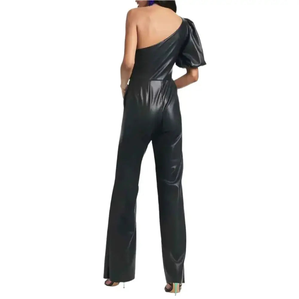 Women’s Black One-Shoulder Flared Leather Jumpsuit-1