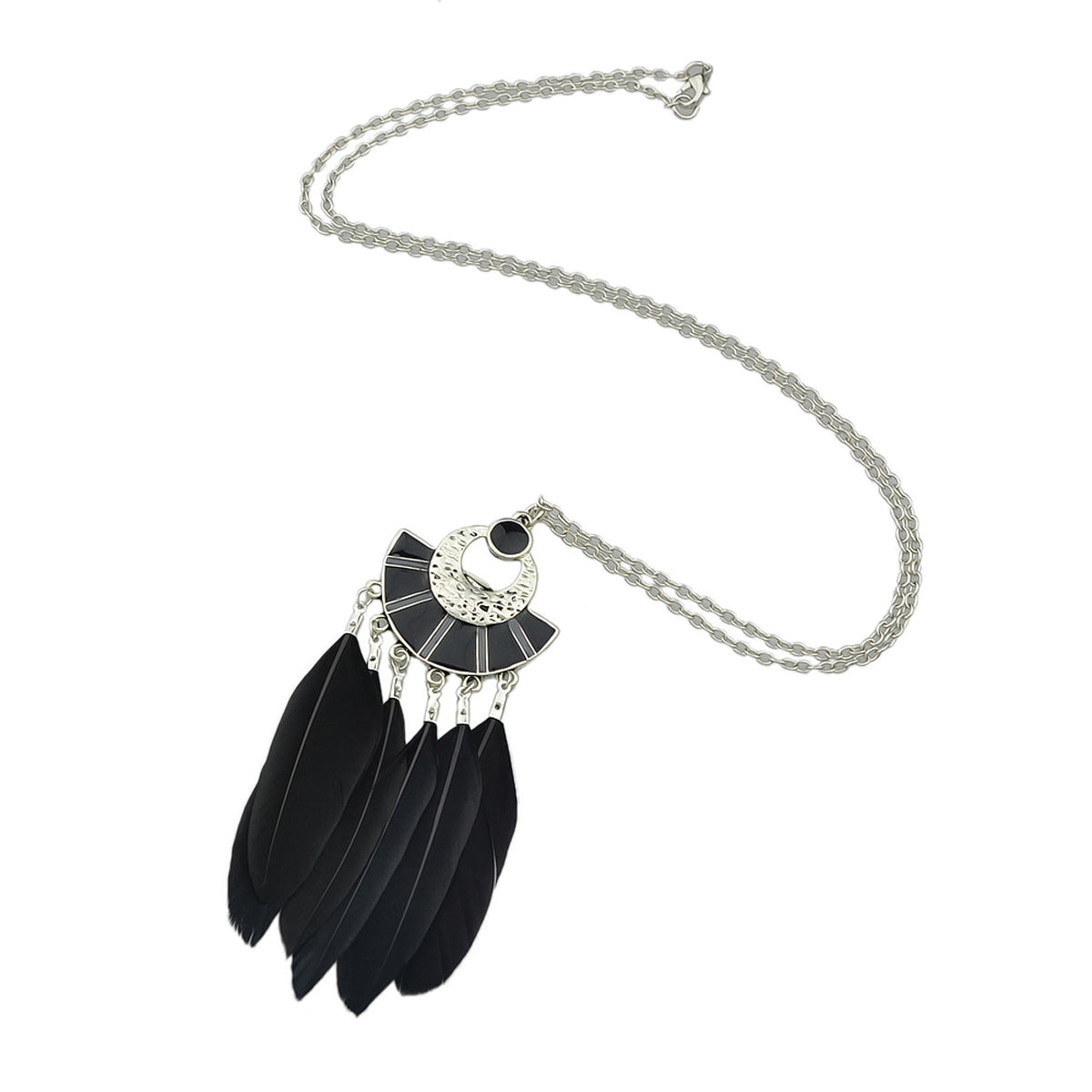 Ethnic Bohemian Traditional Jewellery Silver Long Chain Feather Shape Necklace