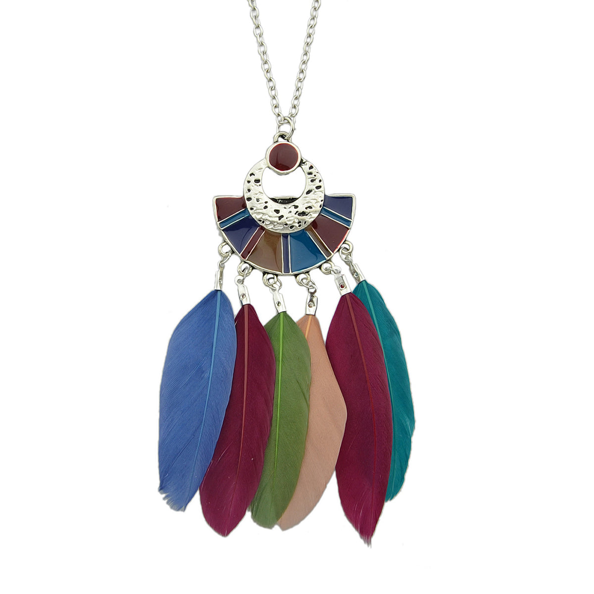 Ethnic Bohemian Traditional Jewellery Silver Long Chain Feather Shape Necklace