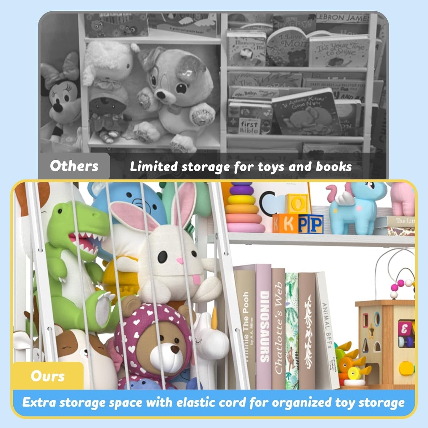 Kids Bookshelf and Toy Storage, 3 Tier Kids Bookcase, Sling Book Shelf and Stuffed Animal Storage, Toddler Montessori Bookshelf with Toy Organizer for Kids Rooms, Bedroom, Playroom, Nursery