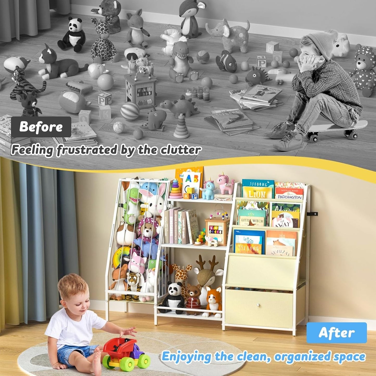 Kids Bookshelf and Toy Storage, 3 Tier Kids Bookcase, Sling Book Shelf and Stuffed Animal Storage, Toddler Montessori Bookshelf with Toy Organizer for Kids Rooms, Bedroom, Playroom, Nursery