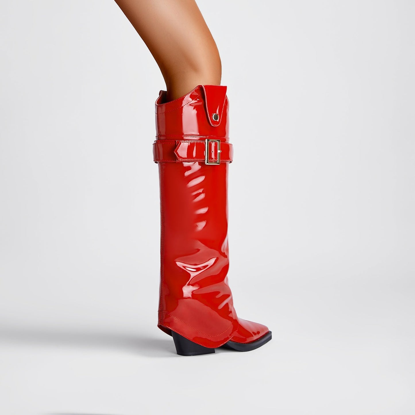 Fiery Red Pointed Toe Foldover Knee High Boots