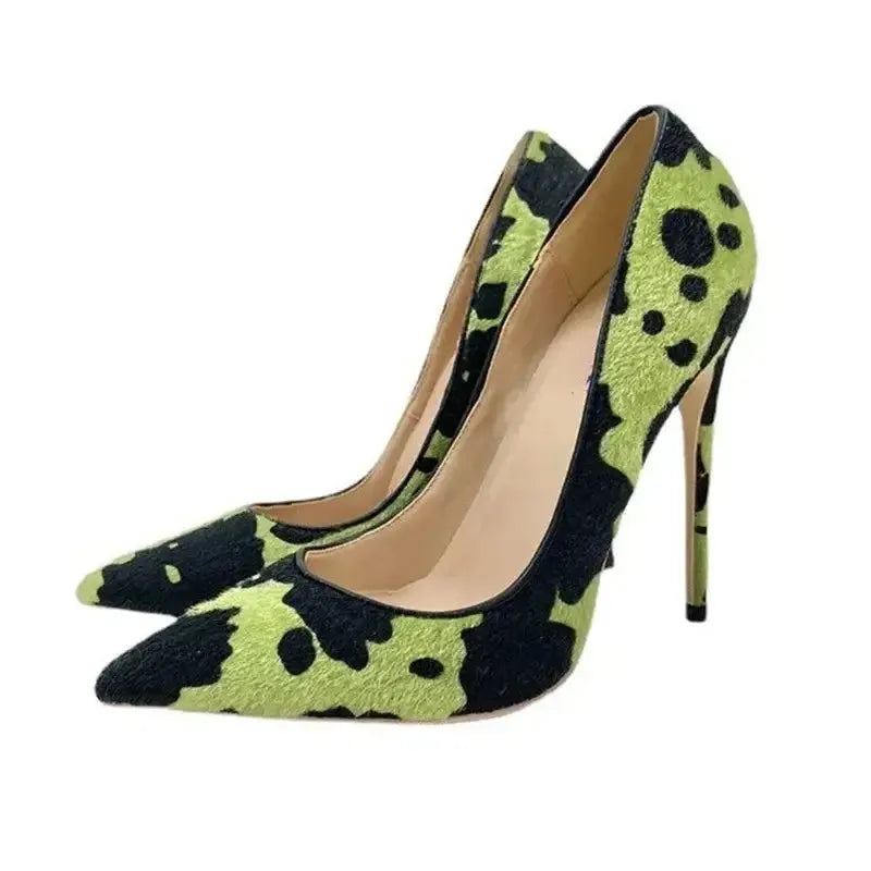 Green Black Plush Pointed High Heels Stiletto