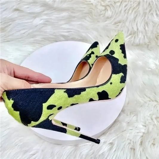 Green Black Plush Pointed High Heels Stiletto