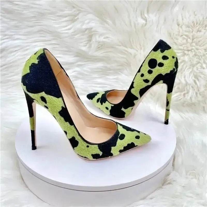 Green Black Plush Pointed High Heels Stiletto