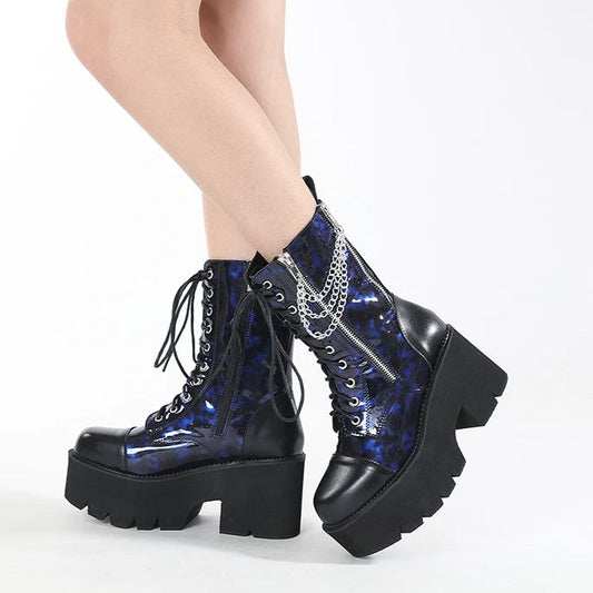 Cerulean Chain Blue PVC Zip Lace-up mid-calf Platform Boot