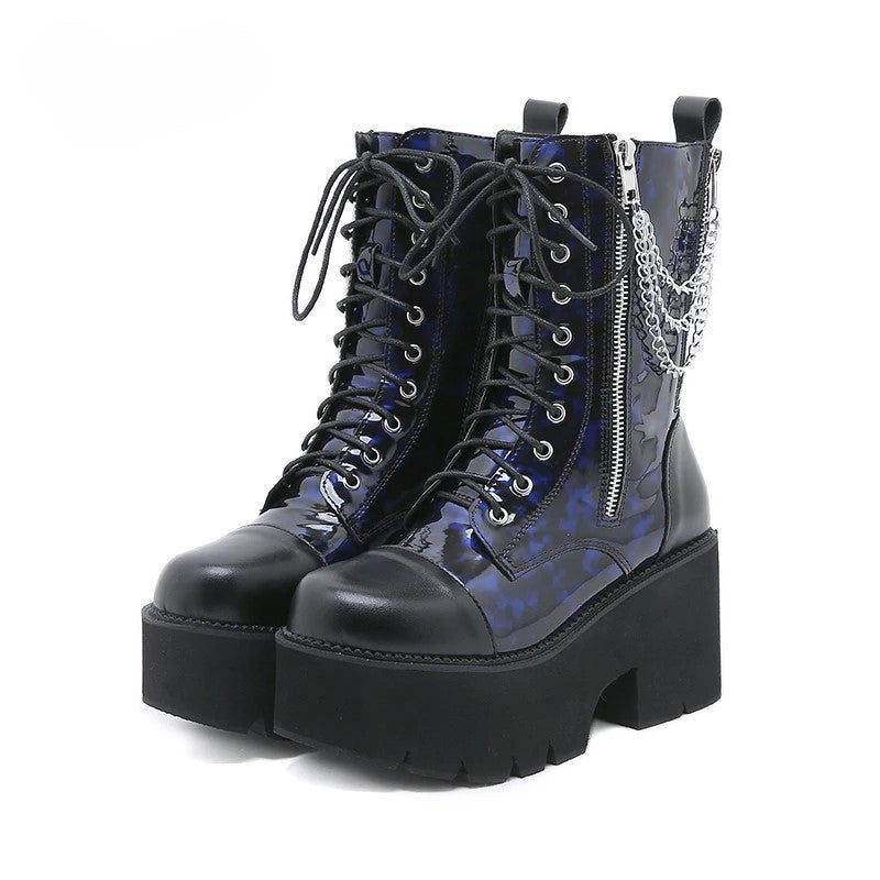 Cerulean Chain Blue PVC Zip Lace-up mid-calf Platform Boot