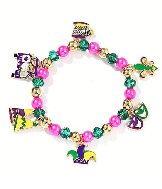 MARDI GRAS THEME MULTI CHARM STRETCH BRACELET-0