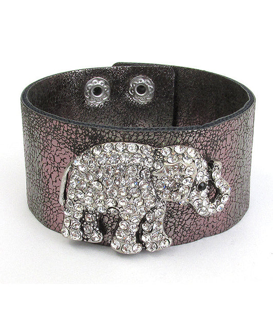 CRYSTAL PAVE ELEPHANT WIDE LEATHERETTE BAND BRACELET-0