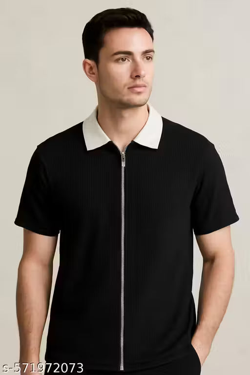 Waffle Knit Cotton Blend Polo Zipper Men T-Shirt