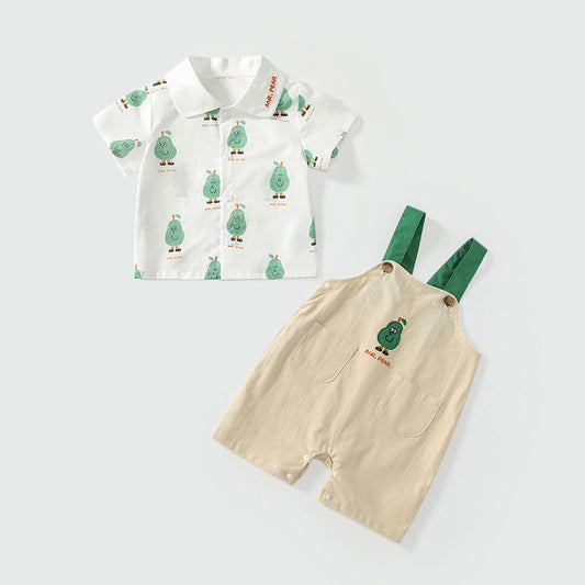 Summer Baby Kids Cartoon Fruits Pattern Short Sleeves Top Shirt and Overalls Clothing Set