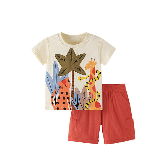 Summer Baby Kids Jungle Animals Cartoon Pattern T-shirt and Shorts Clothing Set for Boys