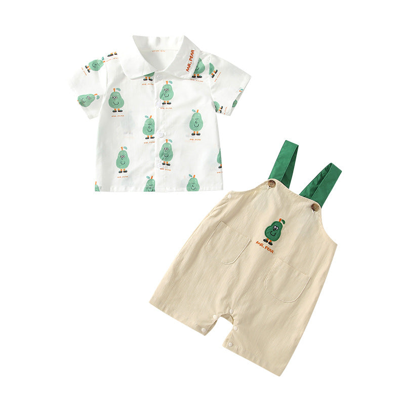 Summer Baby Kids Cartoon Fruits Pattern Short Sleeves Top Shirt and Overalls Clothing Set
