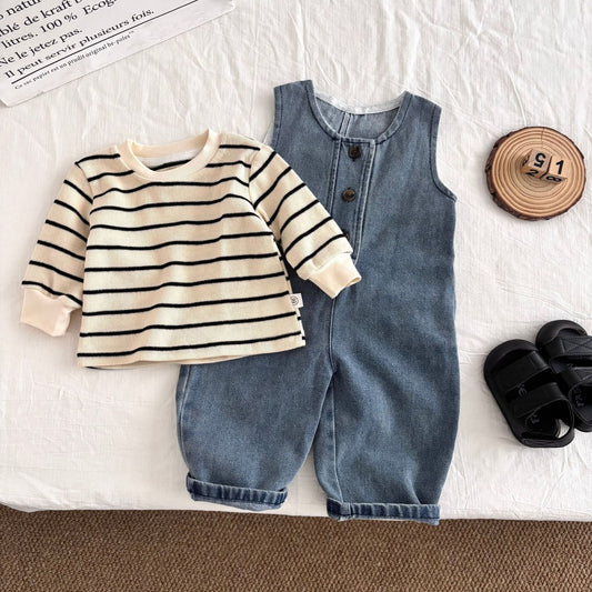 Autumn Hot Selling Baby Kids Unisex Sleeveless Denim Strap Overalls and Striped Pullover Clothing Set