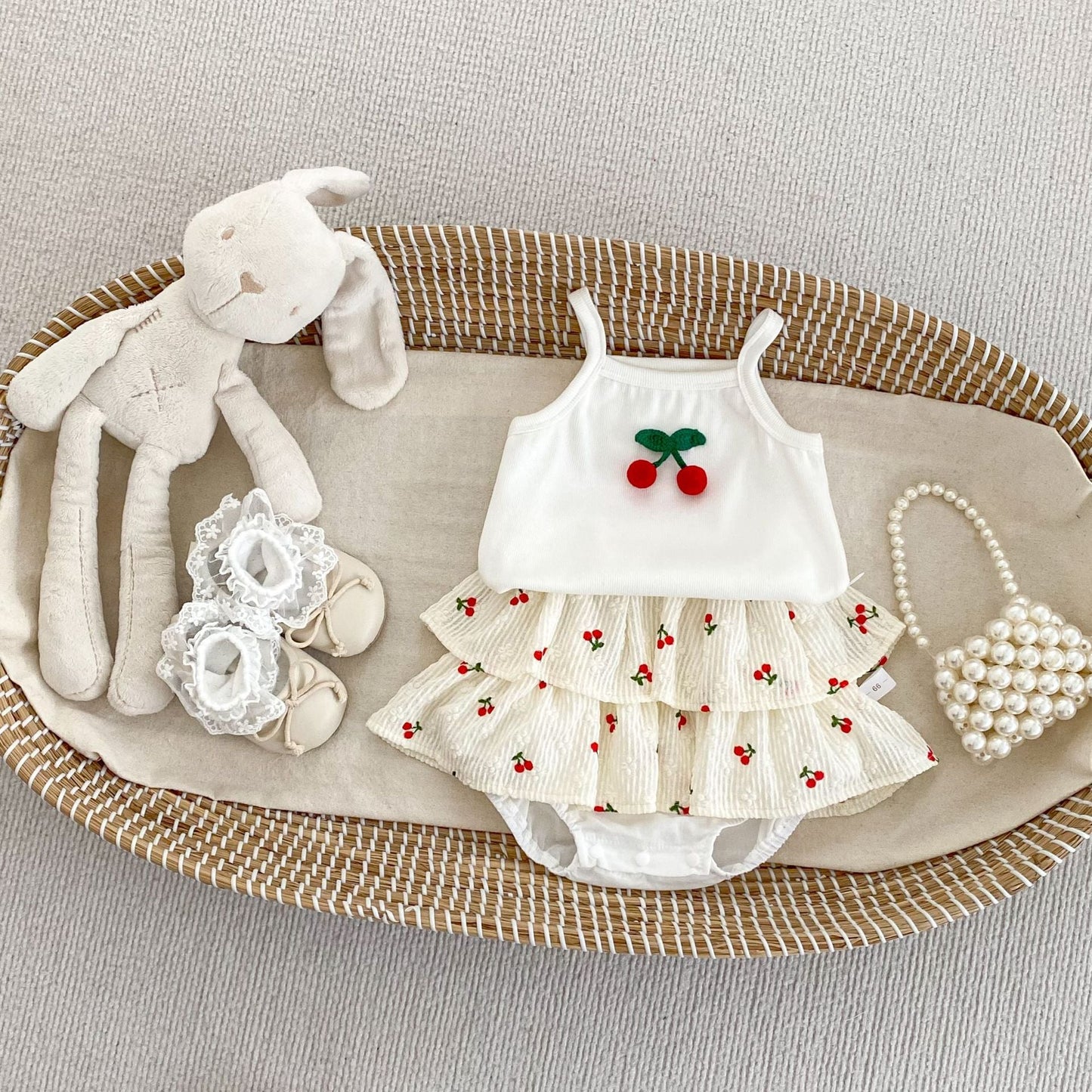 Summer Baby Kids Girls Cherry Pattern Sleeveless Vest and Skirt Denim Clothing Set