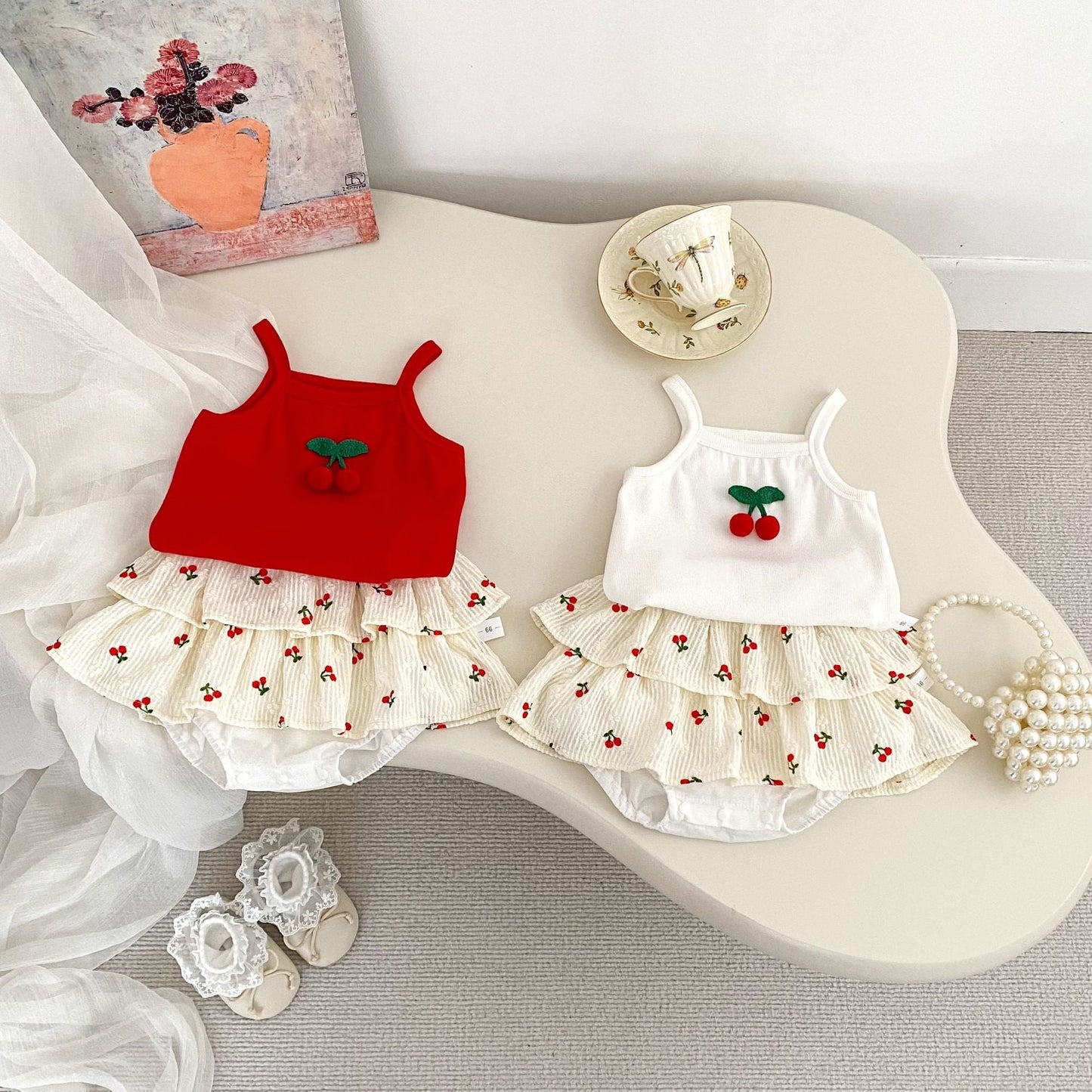 Summer Baby Kids Girls Cherry Pattern Sleeveless Vest and Skirt Denim Clothing Set