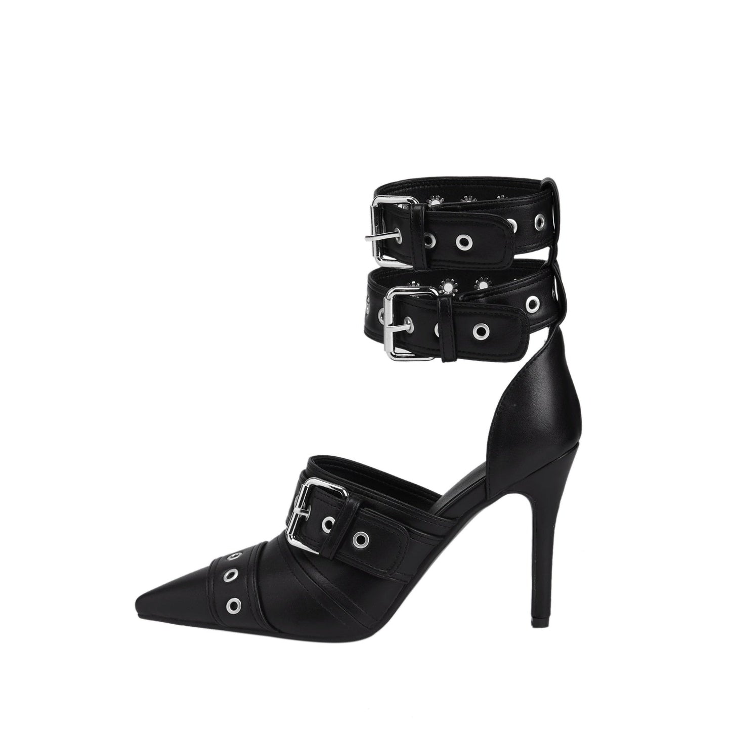 Sexy Black Pointed Toe Buckle Ankle Strap Stiletto Heels