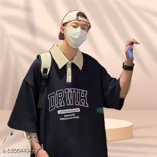 Men's short T-shirt, summer loose half-sleeved turn-down collar T-shirt with letter print decoration