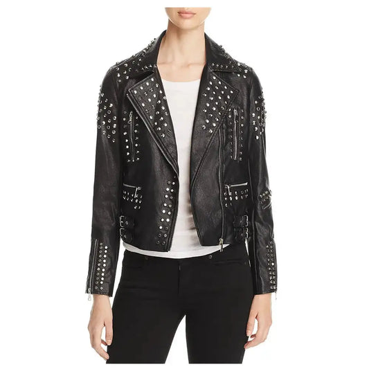 Women’s Studded Lambskin Leather Biker Jacket-0