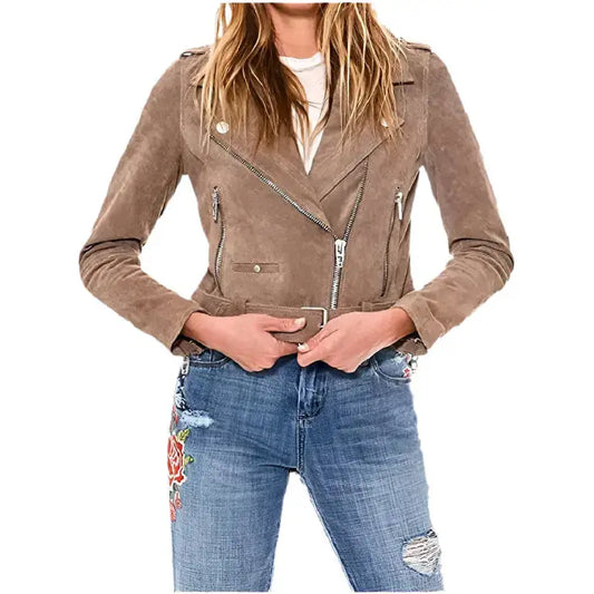 Women’s Luxury Cropped Suede Leather Motorcycle Jacket-0