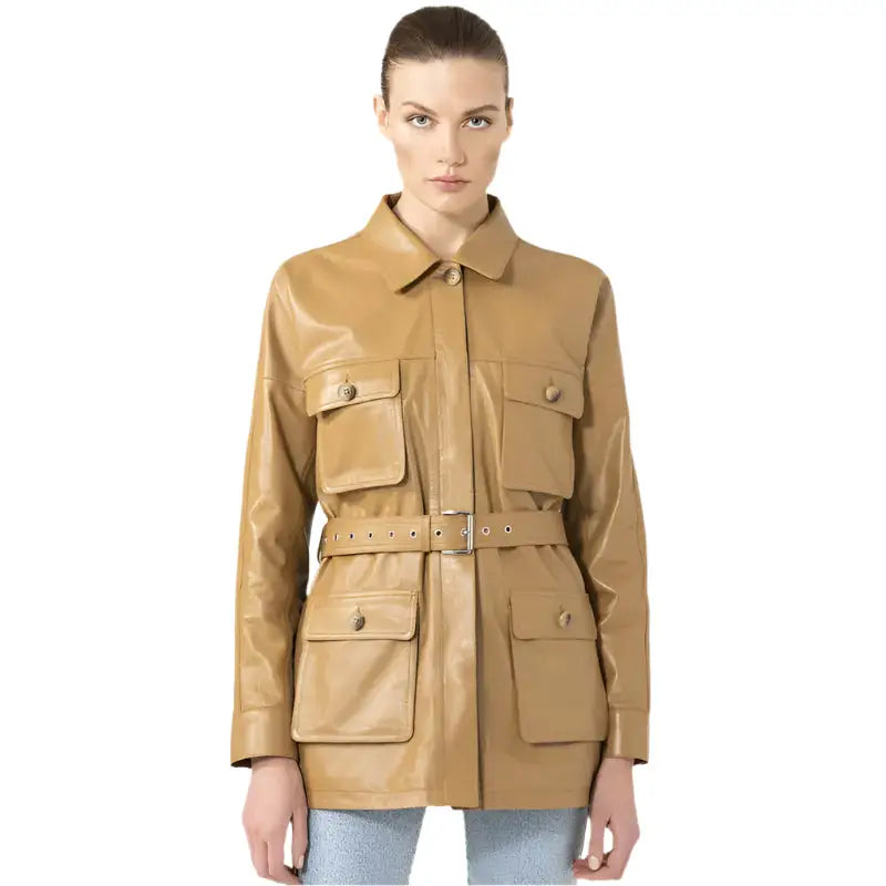 Women’s Tan Leather Belted Style Coat-0