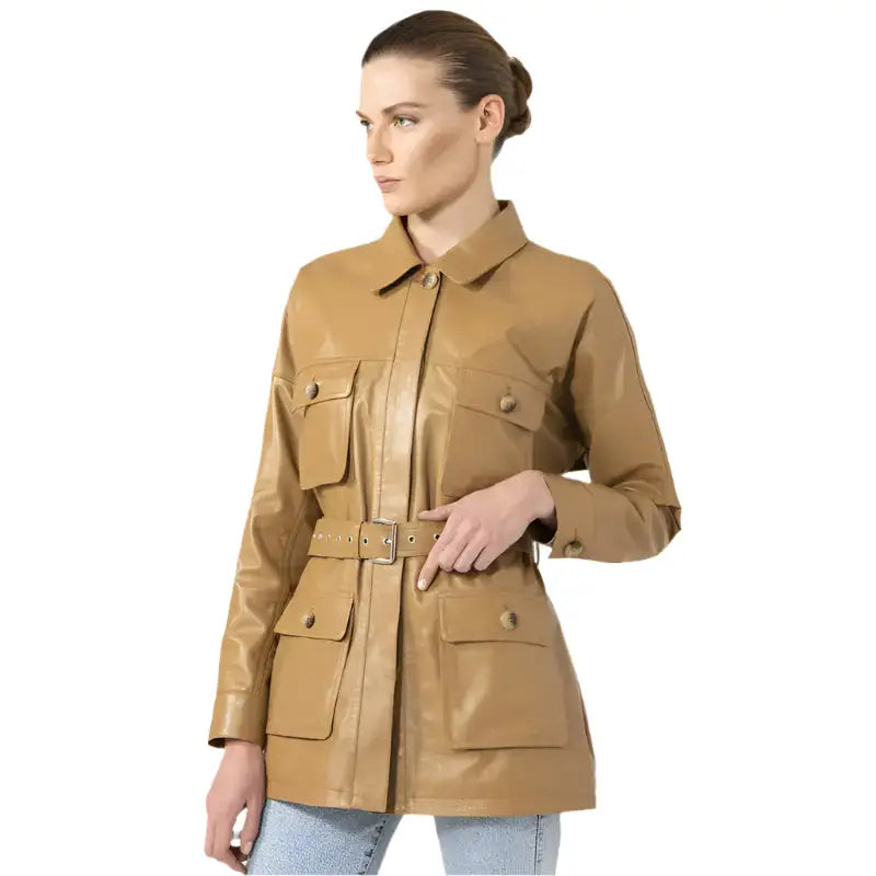 Women’s Tan Leather Belted Style Coat-1