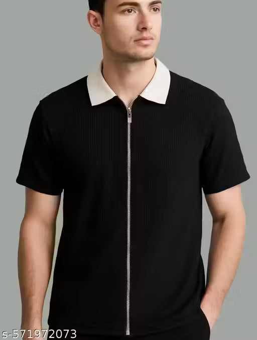 Waffle Knit Cotton Blend Polo Zipper Men T-Shirt